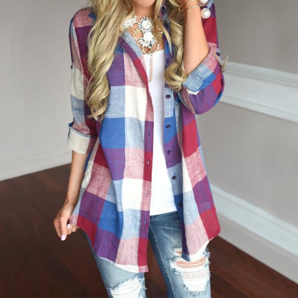Women's Lapel Casual Long Sleeve Plaid Shirt